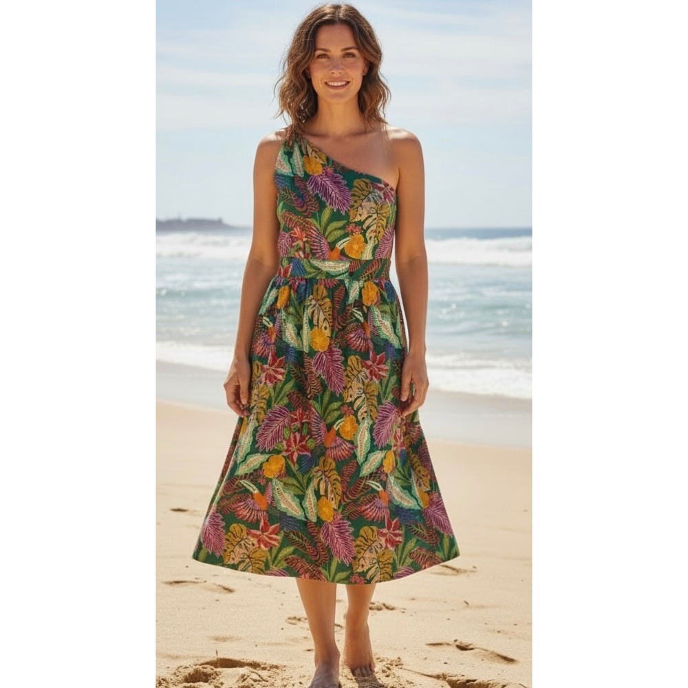 Gibson Latimer Tropical Toucan One Shoulder Midi Dress Womens Large Green
